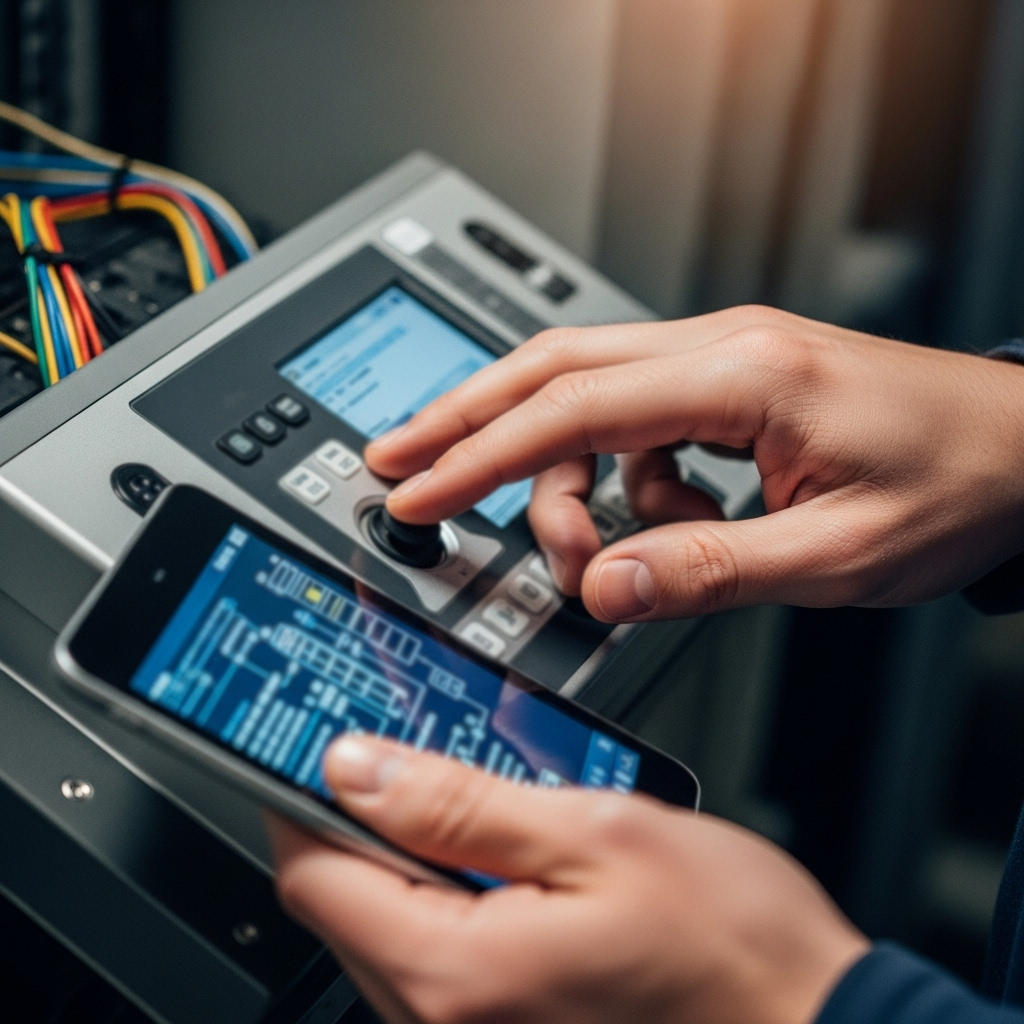 Professional gate maintenance technician performing routine inspection on automatic sliding gate