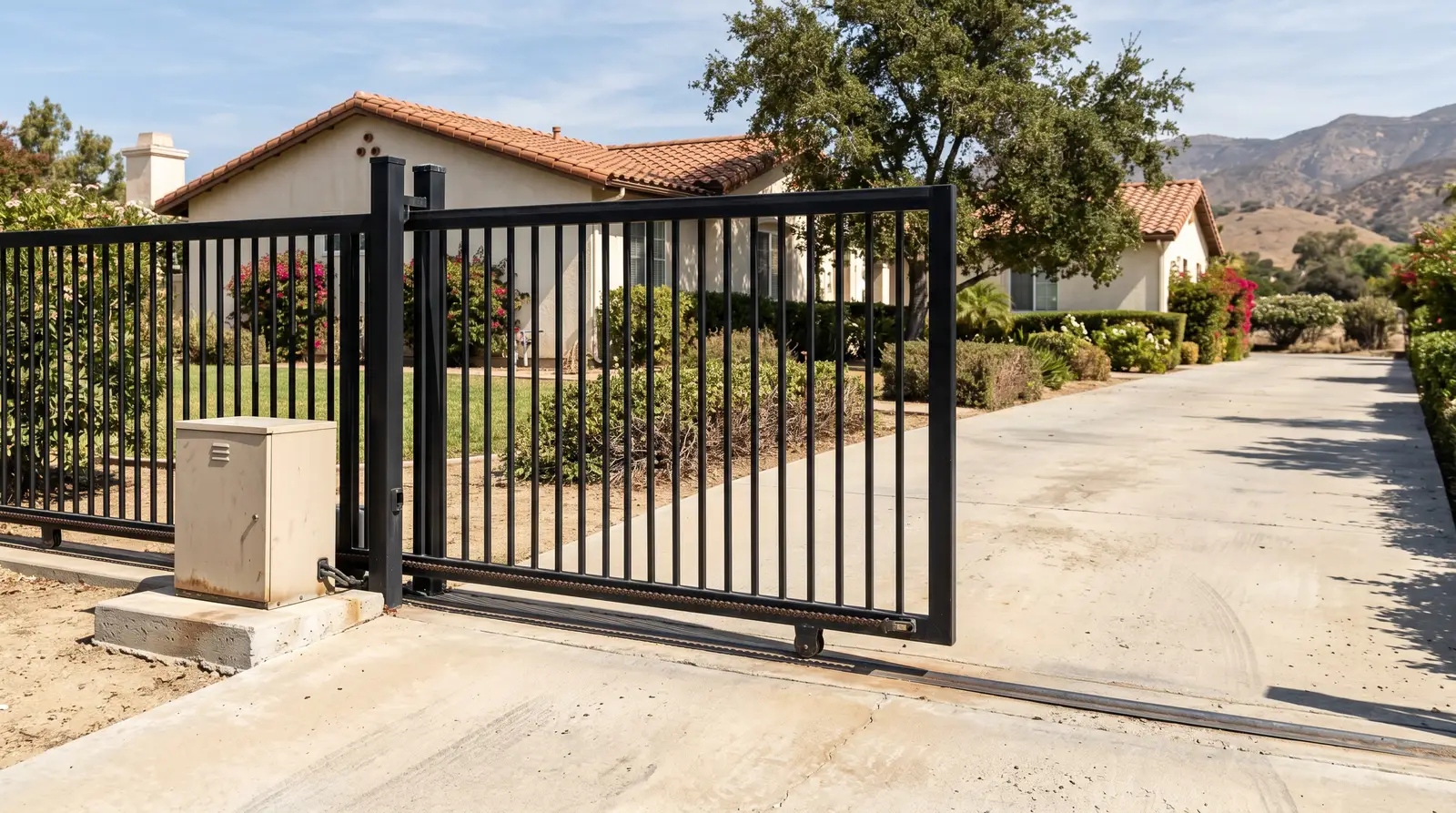 Black steel sliding driveway gate stopped halfway open, with its gate operator cabinet mounted beside the fence line