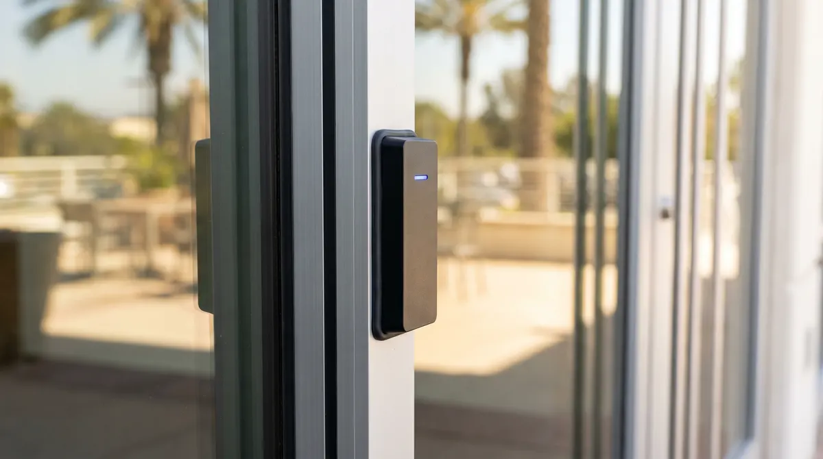 Slim card reader with status light mounted on the frame of a glass commercial door