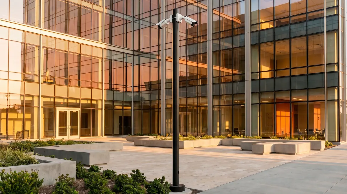 Two white bullet cameras on a pole-mounted bracket overlooking a commercial office courtyard
