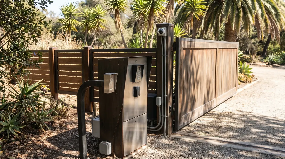 Telephone entry, keypad, and camera integrated at an automatic wood gate