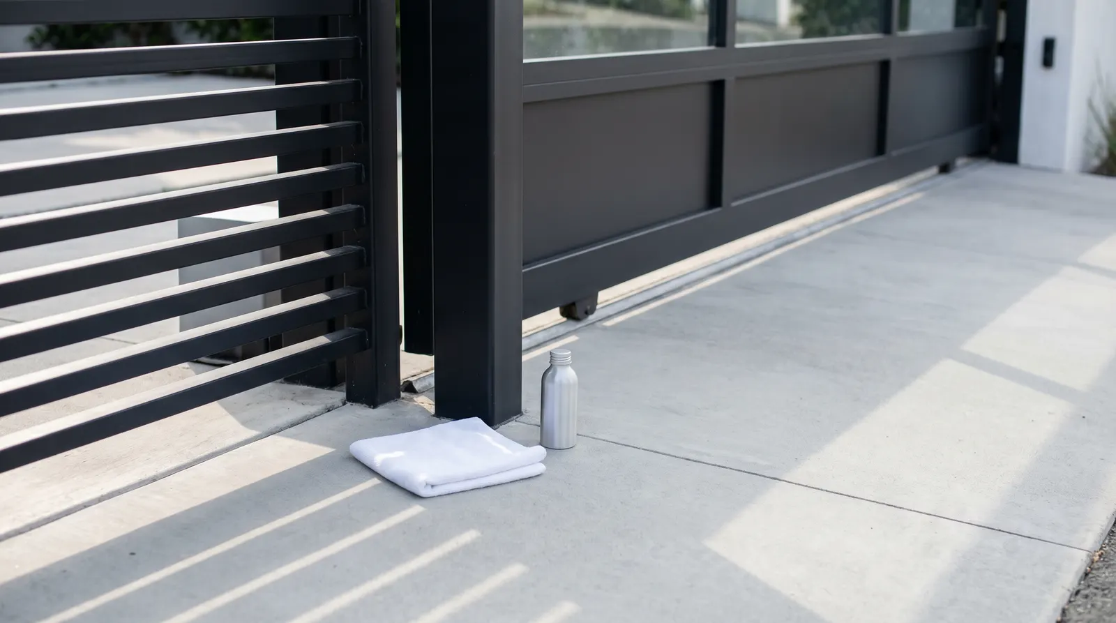 Folded microfiber cloth and a bottle of gate lubricant beside a modern black sliding driveway gate