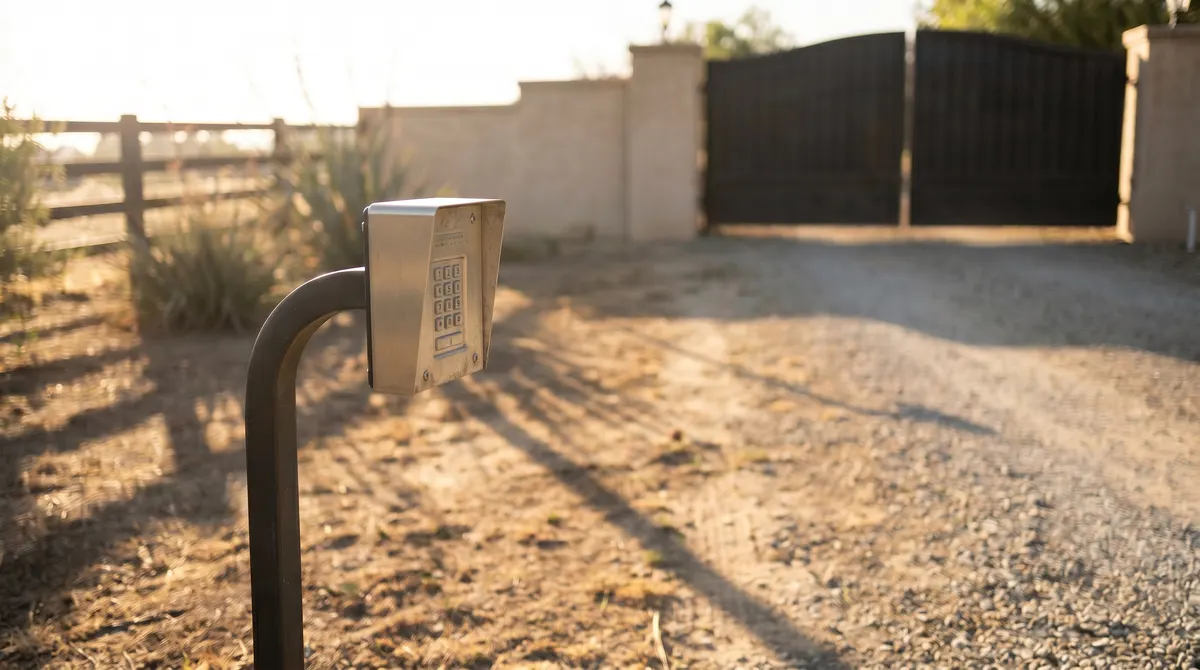 Gooseneck keypad pedestal at a driveway gate entrance
