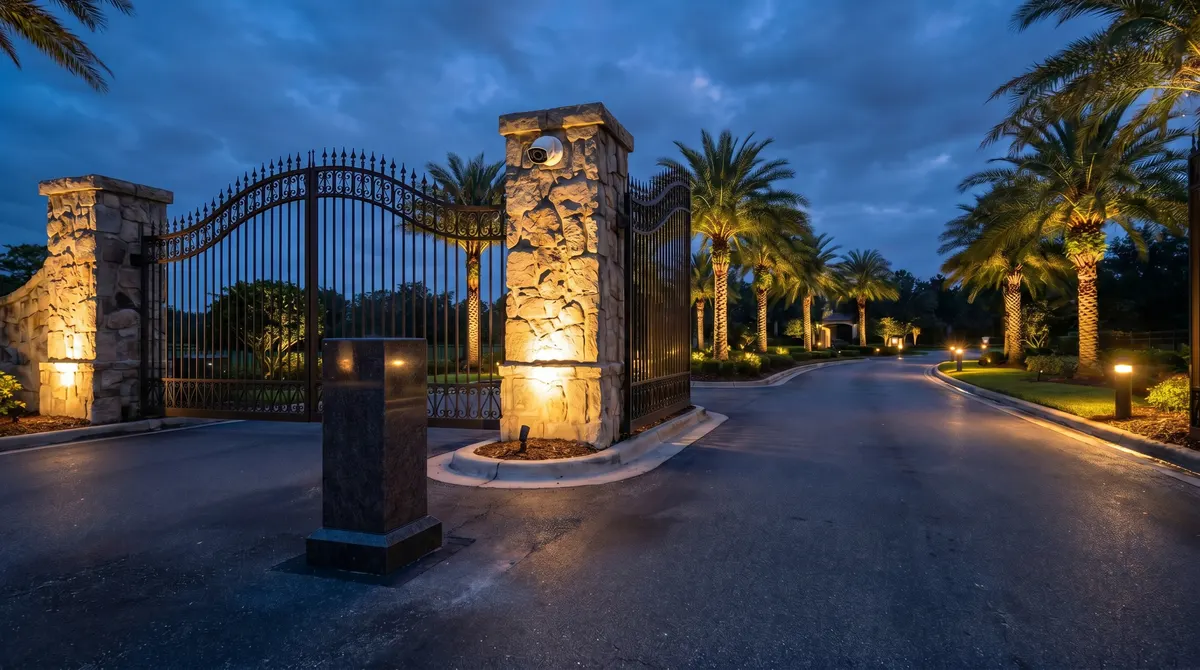 License plate recognition camera on a stone pillar aimed down the entry lane of a gated community at dusk