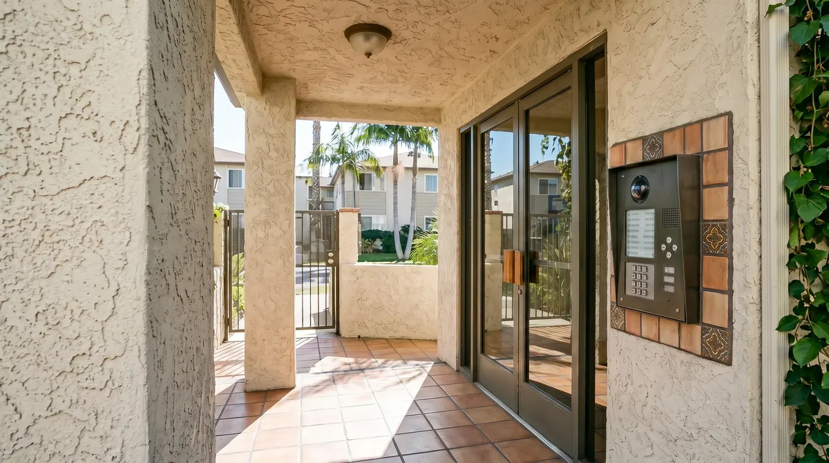 Multi-tenant telephone entry panel with keypad and camera at an apartment building entrance