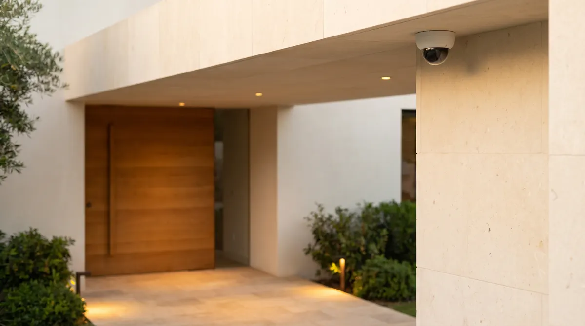 White mini-dome camera mounted in a soffit corner watching the walkway at a residential entry