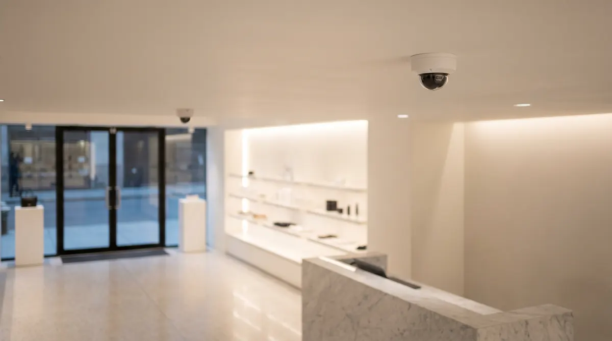 Ceiling-mounted dome cameras covering the register counter and glass entry of a retail store