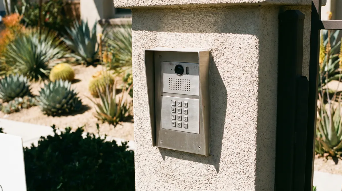 Stainless telephone entry panel with camera and keypad flush-mounted in a stucco entrance pillar
