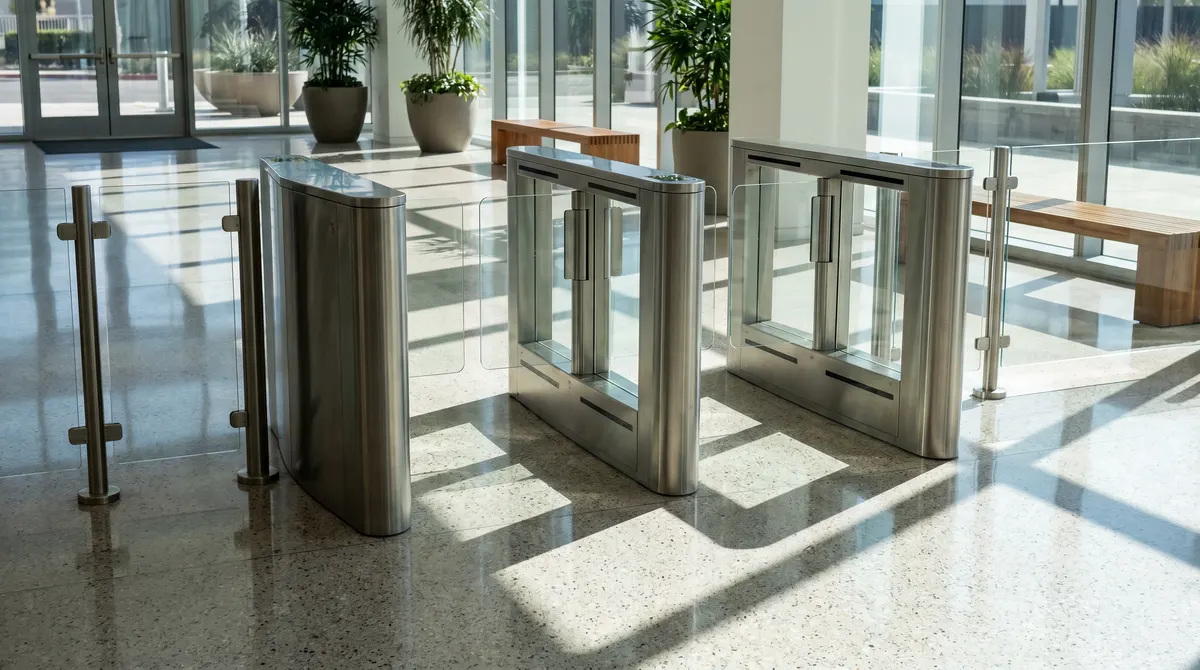 Optical turnstiles with glass swing barriers in a modern office lobby