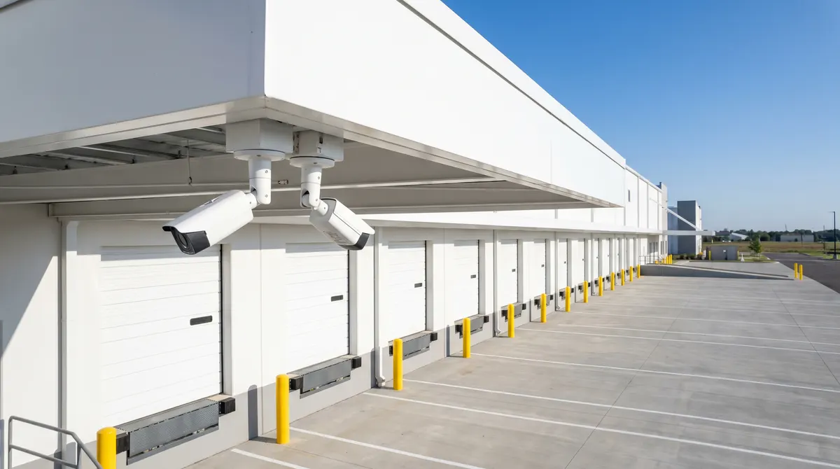 Bullet cameras on articulating mounts covering warehouse loading dock doors and the truck apron